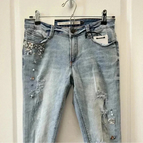 Brave Soul Skinny Jeans Beaded Distressed Denim Stretch Light Blue Size 27 4 NWT - Picture 6 of 16